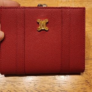 Celine Red Leather Triomphe Compact Wallet with Gold Hardware